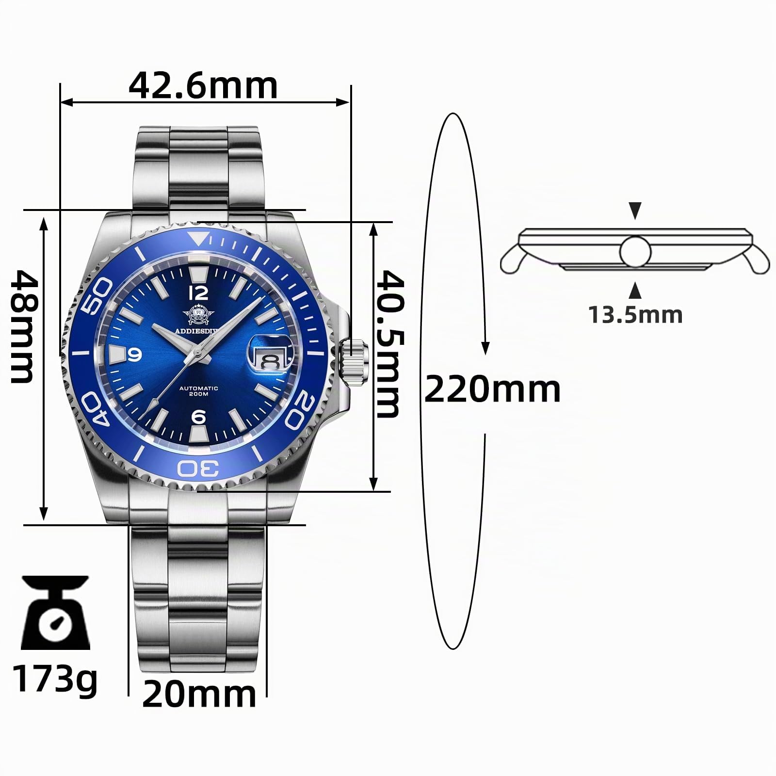 ADDIESDIVE Orologio subacqueo automatico da uomo, NH35A/8215, movimento zaffiro, lunetta girevole, luminoso, impermeabile fino a 200 m, facile da leggere, con numeri grandi, orologio subacqueo da uomo