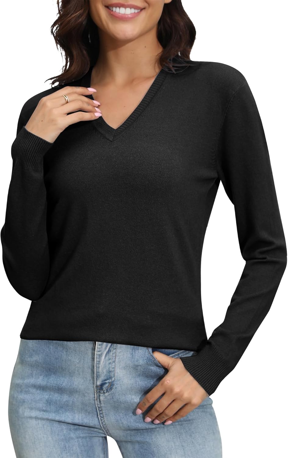 EXCHIC Women's Long Sleeve V-Neck Casual Sweaters Fall Classic Soft Knit Top 2026 Fit Basic Pullover Tops - Image 2