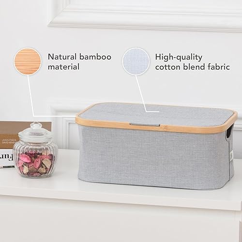 Miniatura 3 de GUDEE AKORE Cesta de almacenamiento con marco de bambú natural con tapa, contenedor de almacenamiento de tela plegable de 15.8 L, caja suave,