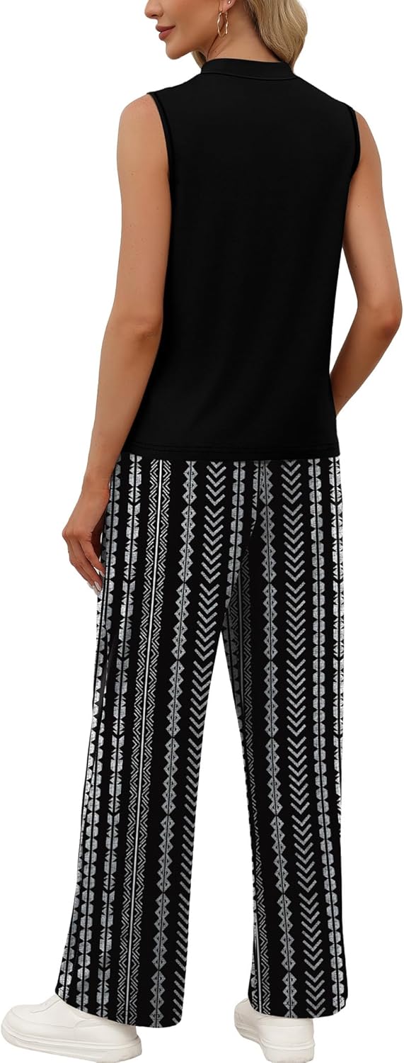 WIHOLL Two Piece Set for Women Summer Spring Outfits Cruise Travel Airport Beach Vacation Mock Neck Wide Leg Pants Set - Image 4