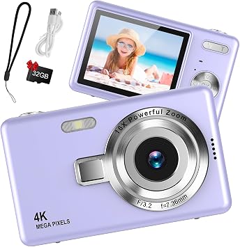 Digital Camera 1080P FHD 44MP with 2.4" LCD Screen,16X Digital Zoom, Compact Portable Vlogging Camera with 32gb SD Card for Kids Teen Students Beginner Purple