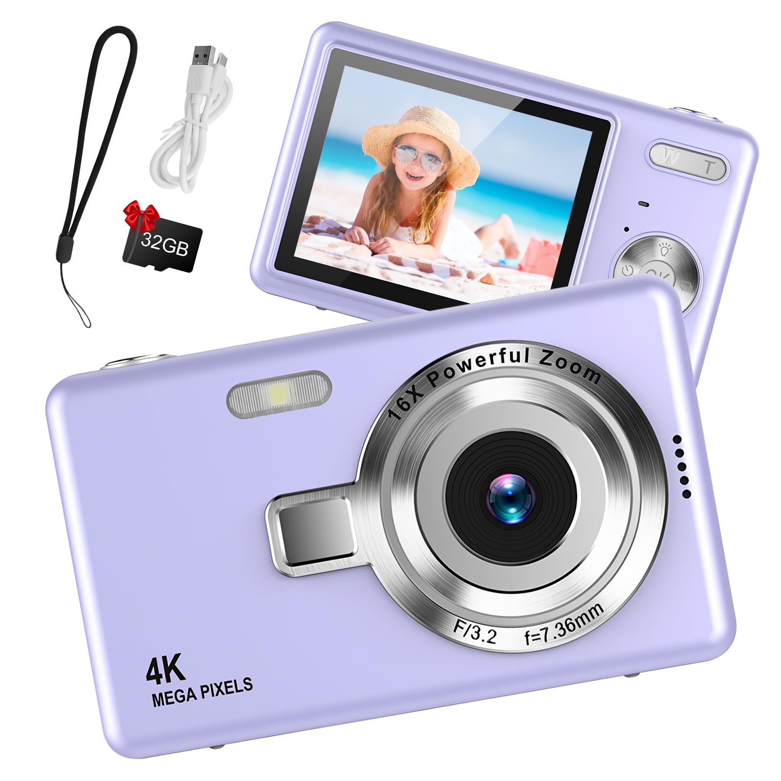 Fotocamera digitale 1080P FHD, 44MP con schermo LCD da 2.4", zoom digitale 16x, fotocamera digitale per vlogging fotocamera digitale portatile con scheda SD da 32 GB per bambini (Viola)