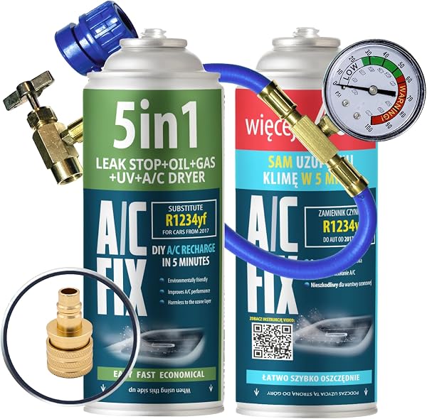 AC FIX 5-in-1 – R1234yf + Hose + Adapter Refrigerant for Car Air Conditioning with Oil, Sealant, UV Dye, Desiccant – Quick Application – Protects the Compressor - 2