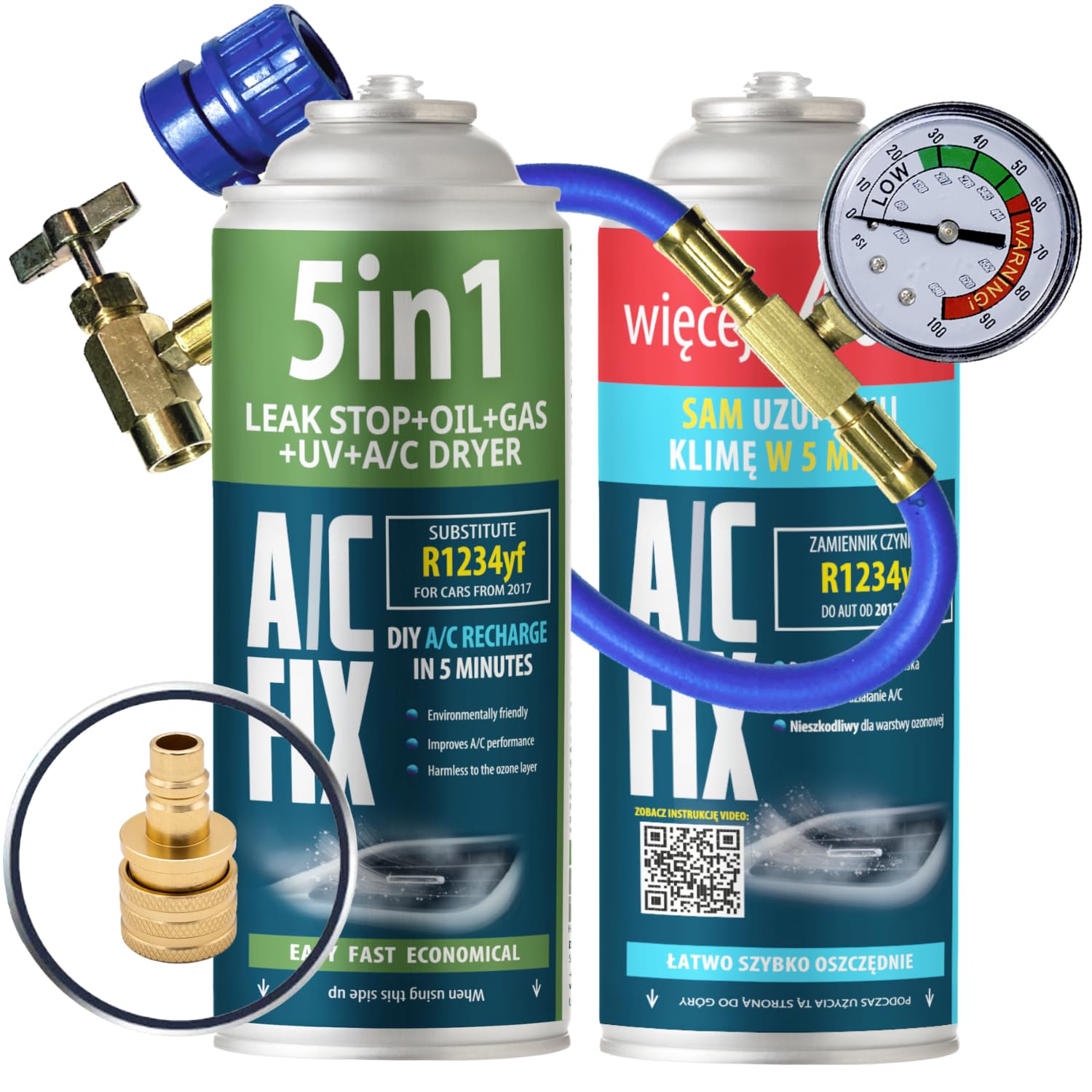 AC FIX 5-in-1 – R1234yf + Hose + Adapter Refrigerant for Car Air Conditioning with Oil, Sealant, UV Dye, Desiccant – Quick Application – Protects the Compressor — view 2