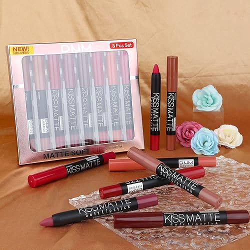 Miniatura 8 de evpct Juego de 8 lápices labiales mate color rojo rubí oscuro, ciruela, morado, vino, beige, marrón, amarillo, mate, lápiz labial y lápiz labial
