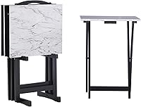 Linon White Faux Marble TV Tray Table Set - 4 Foldable Trays & Storage Stand, Sturdy Wood, Space-Saving Classic