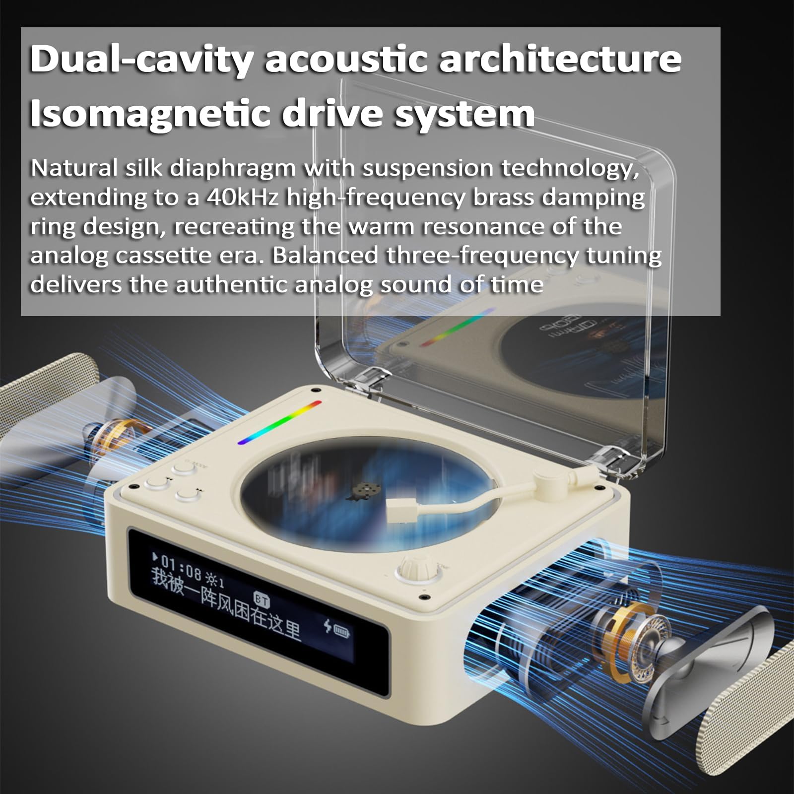 Reproductor de CD de álbum retro con Bluetooth 5.0, efectos RGB y múltiples salidas de audio para uso doméstico o galería