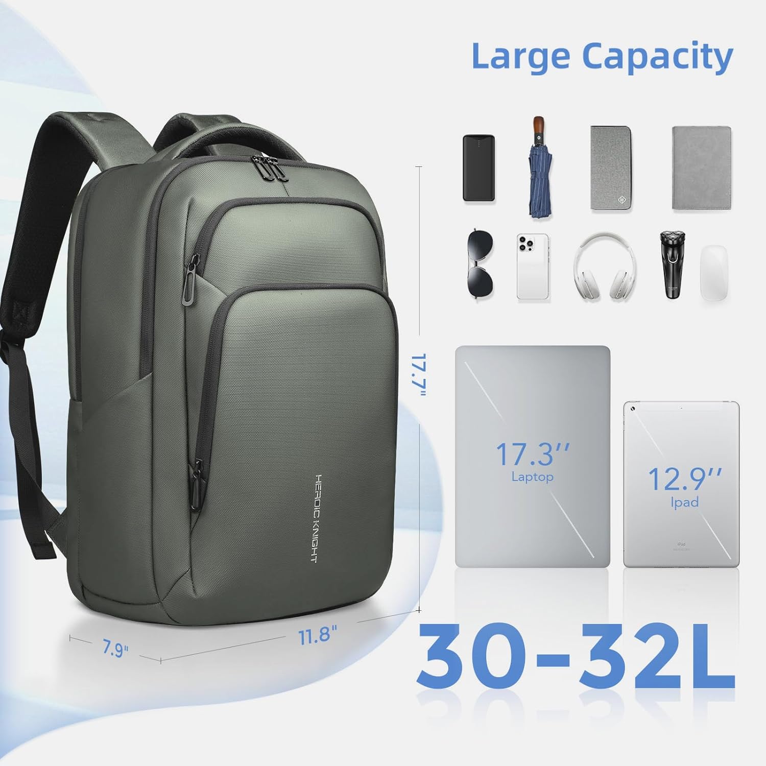 17.3 Inch Laptop Backpack for Travel Work Office College, 30L Water Resistant Casual Daypack, Lightweight Computer Backpack for Men Women, Business Laptop Bag with USB Charging Port - Green