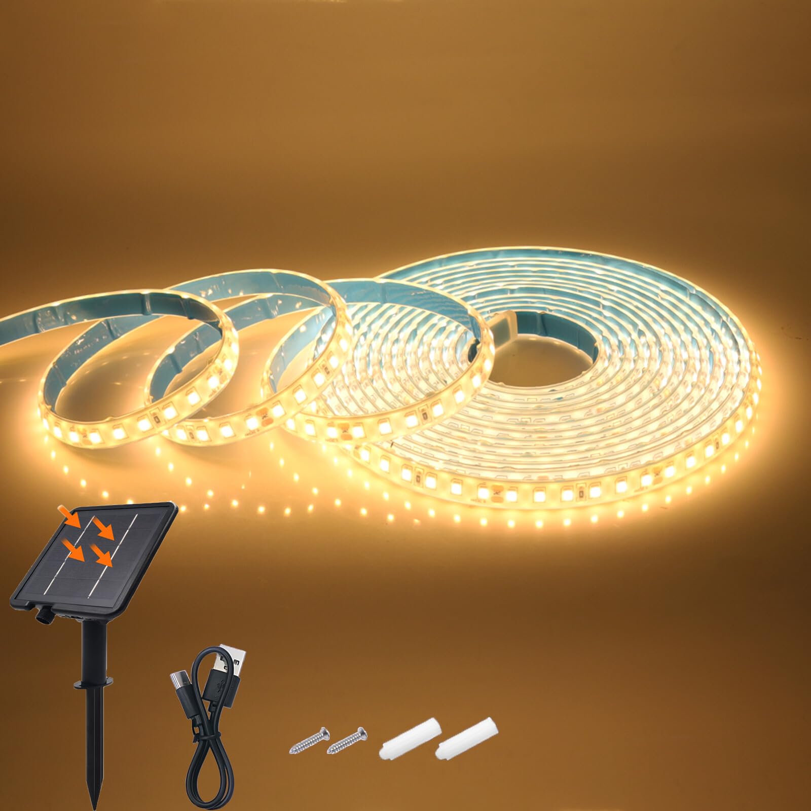 KAFULA 24V 8 Mode Solar Strip Light [3m,Warm White 3000-3500K],IP68 Waterproof,2400MAH Solar Powered Flexible LED Rope Light CRI85+,Bedroom Garden Balcony Decorative Lighting