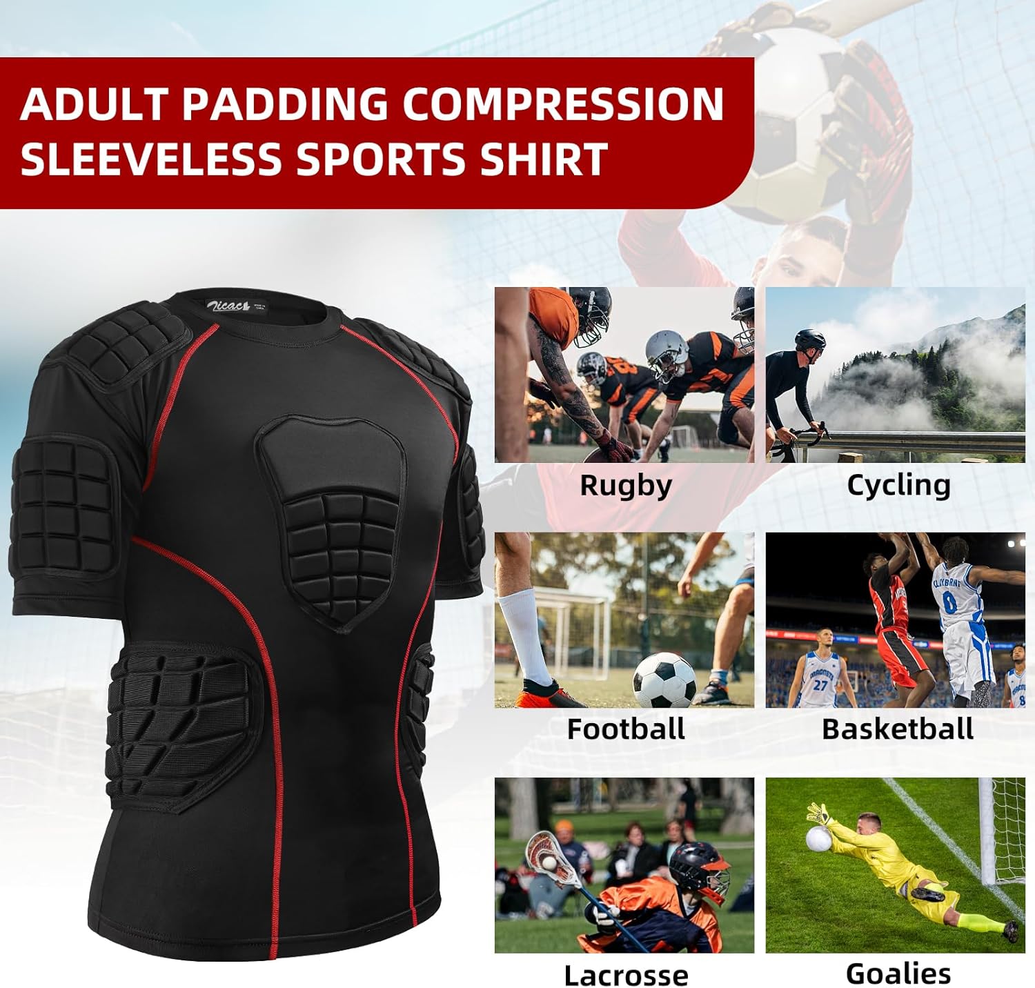 Zicac Padded Compression Shirt 8-Pads Football Rib Protectors Padded Shirt Chest Protective Gear Sports Rash Guards for Football Rugby Baseball - Image 6