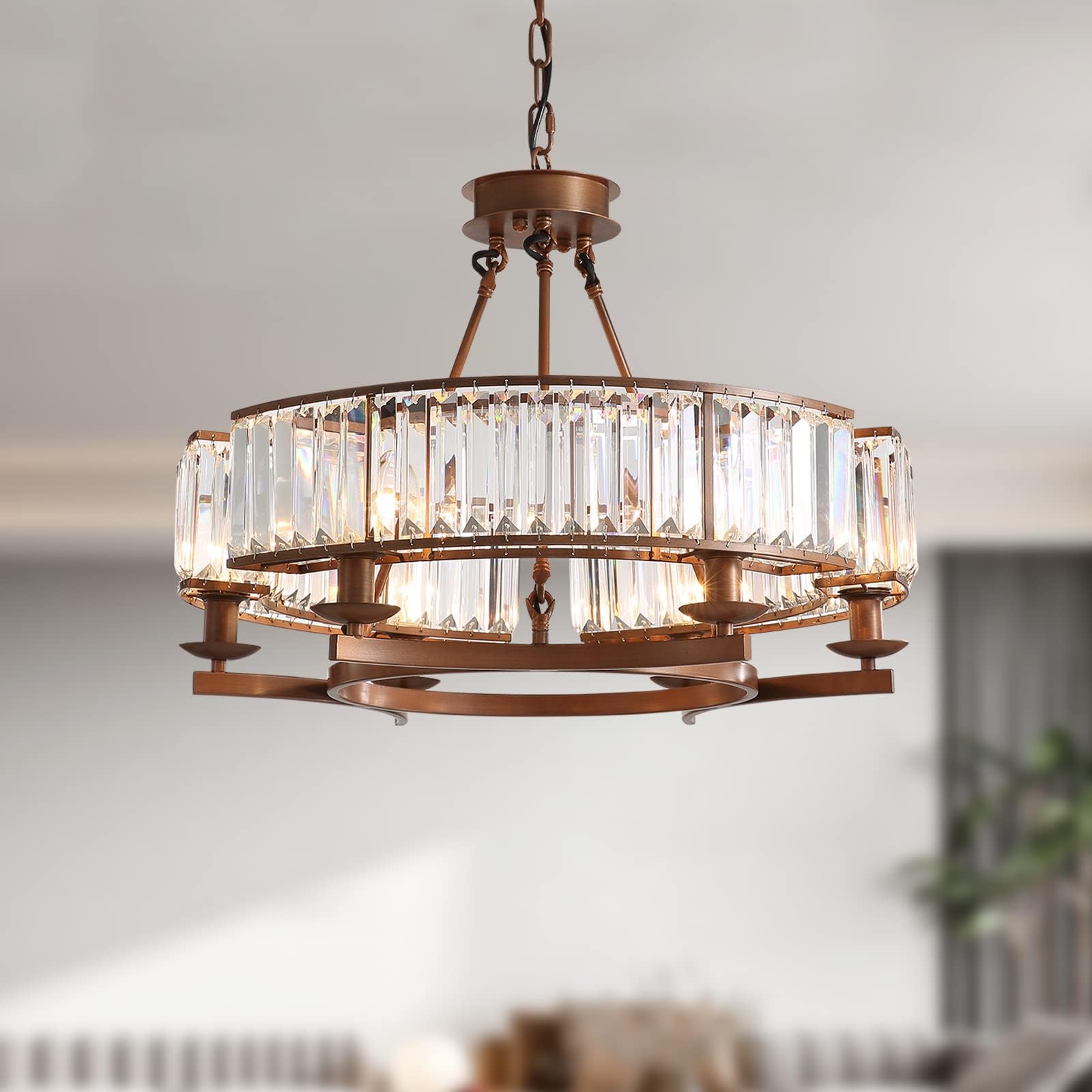 NOXARTE Crystal Chandelier Brown Metal Frame Crystal Raindrop Chandelier Rustic Vintage Round Shape Pendant Light Flush Mount Ceiling Light Lighting Fixture W25.6 x H19.7