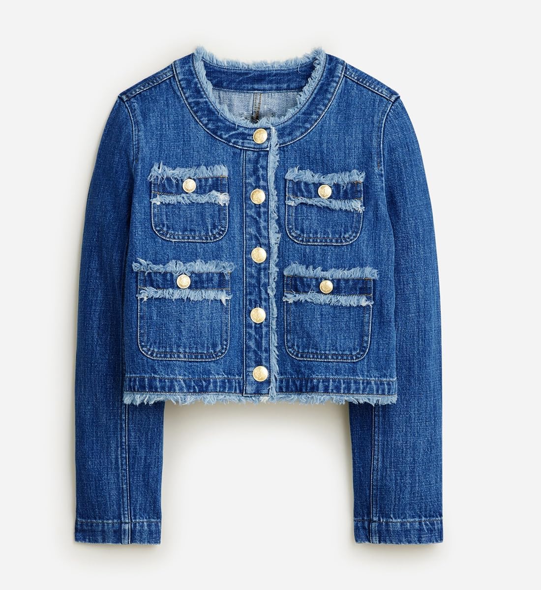 Ladyful Women's Denim Jacket Cropped Button Down Long Sleeve Collarless Frayed Distressed Trendy Jean Jacket Coat - Image 3