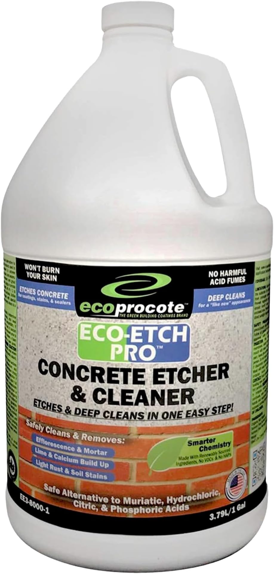 Eco Etch Pro Concrete Etcher, Concrete Cleaner, Efflorescence Remover, No Fumes, Will Not Burn Skin, Safer Than Muriatic Acid, Stronger Than Phosphoric Acid, Will Not Harm Plants, 1 Gallon