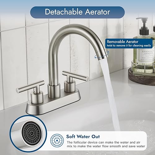 Miniatura 4 de Grifo de lavabo central de 4 pulgadas, doble asa, grifo de tocador de baño, boquilla giratoria de 360 grados, grifo mezclador de montaje en cubierta