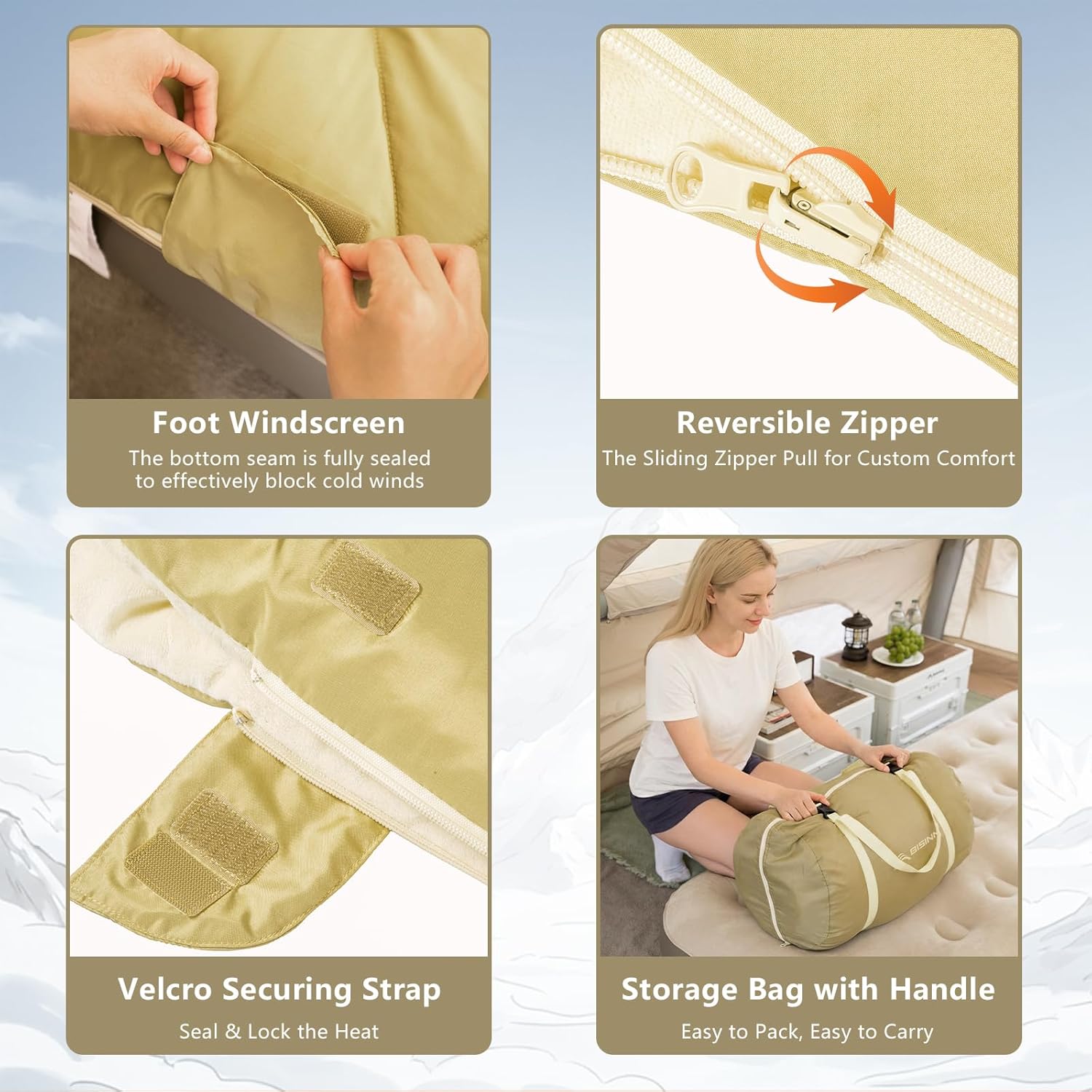 BISINNA Double Sleepinag Bag Flannel for Adults Two Person Camping Sleeping Bag Queen Size for All Season Backpacking Hiking Cold Weather with Compression Sack