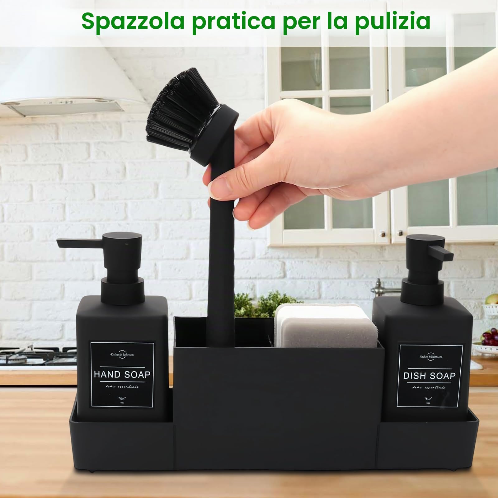 Dosatori per Sapone Liquido, Set di Dispenser Sapone Cucina, con Spugna, Spazzola e Tappetino di Drenaggio, Porta-Spugna per Lavello da Cucina, Organizer Lavello Cucina, Nero