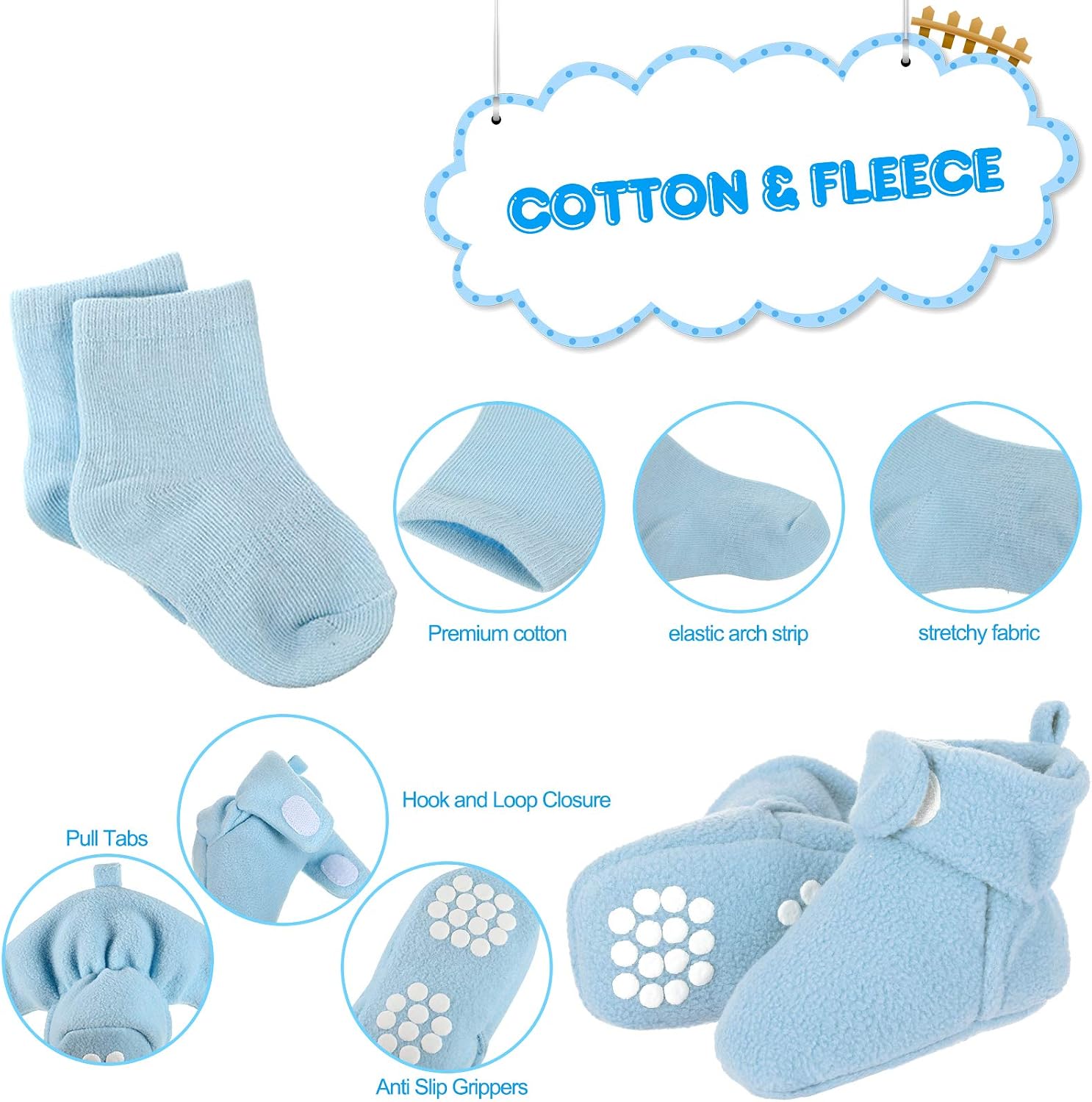 SATINIOR 3 Pairs Unisex Cozy Fleece Baby Booties with 3 Pairs Infant Cotton Socks