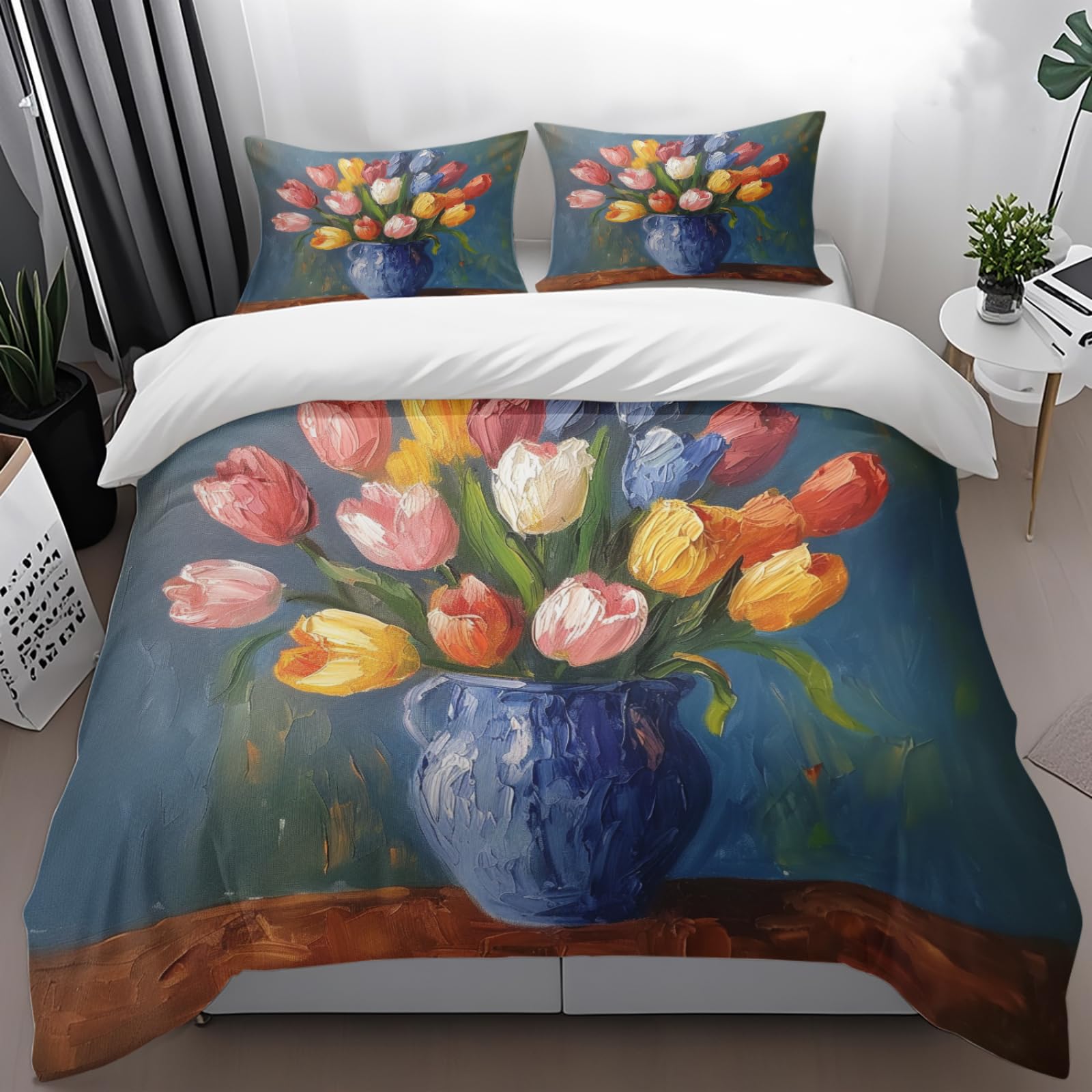 Housse de couette 240x260 fleurs colorées avec 2 taies pour lit 2 personnes