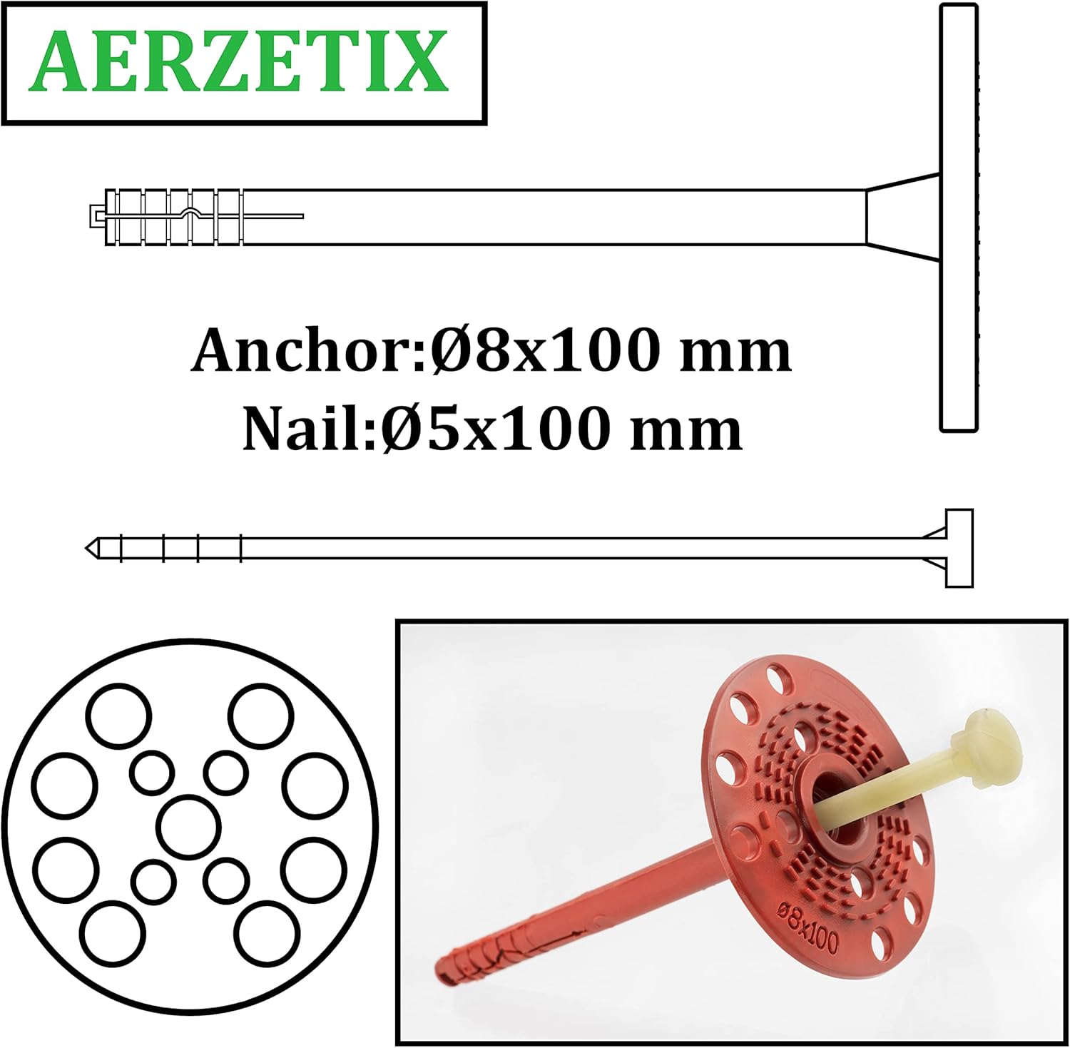 C65192 – Set of 50 Insulation Plugs 8 x 100 mm + 50 Punch Nails Ø5 x 100 mm – in Nylon – Brick Materials Solid Hollow Masonry Panels Polystyrene Mineral Wool Masonry