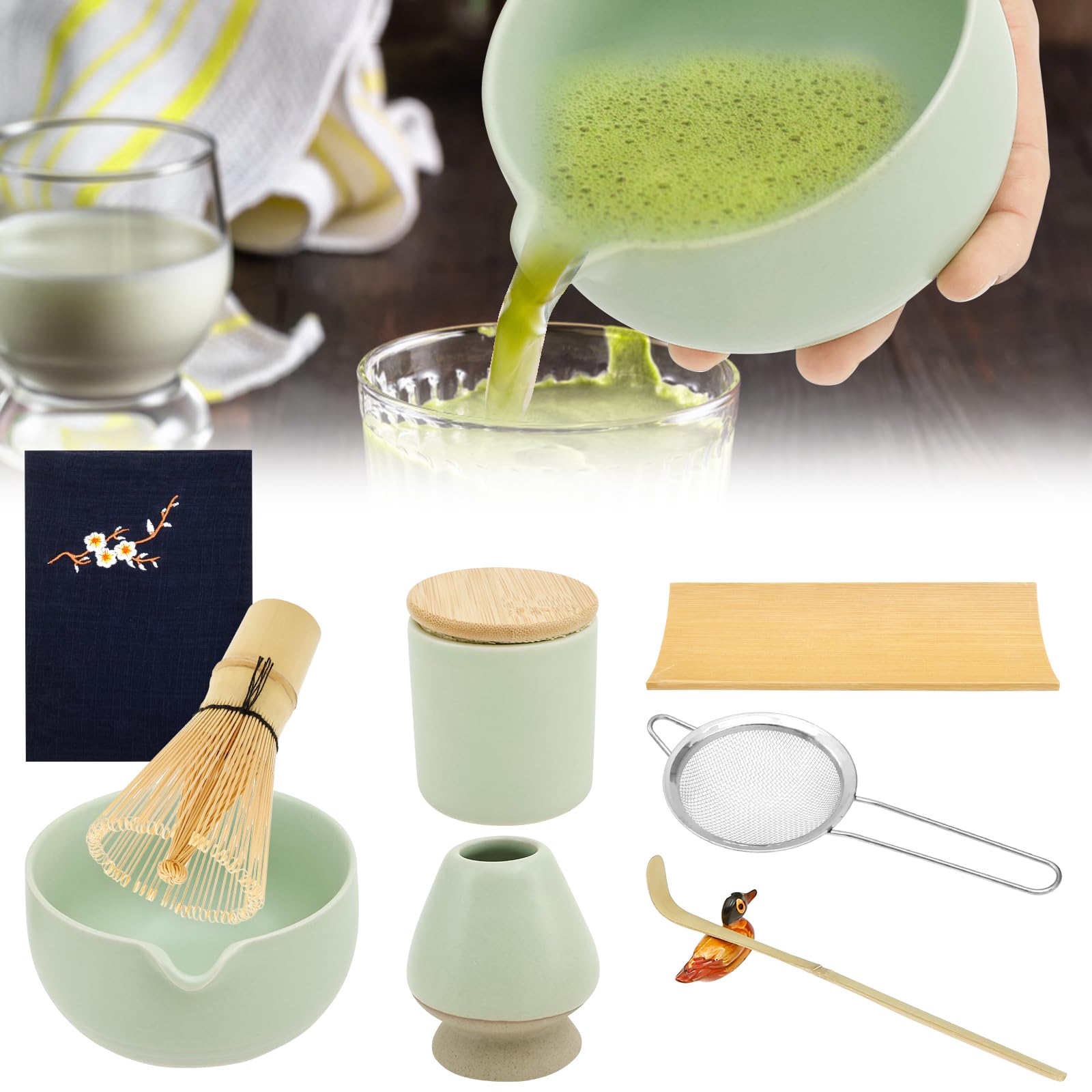 Matcha Set, 9 Stück Schneebesen Set Teelöffel Besenhalter Löffelhalter Schüssel Küchenhandtuch Sieb und Pulverbox Japanisches Matcha-Zeremonie-Zubehör (9 Zoll)