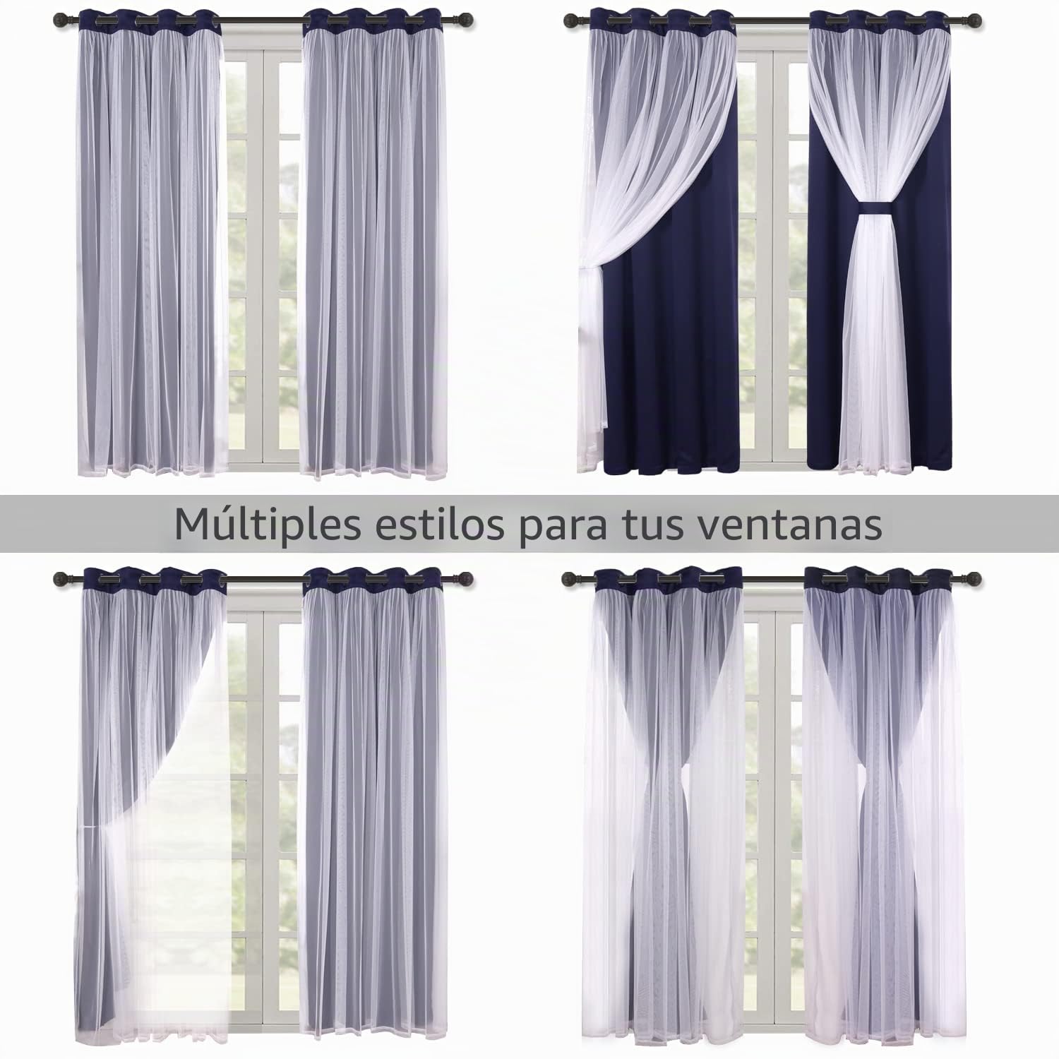 Bonzer Cortinas Opacas Grises con Visillo Blanco de Doble Capa, combinables con Ojales para salón, Azul Marino, 132 x 213 cm, Set de 2 Paneles