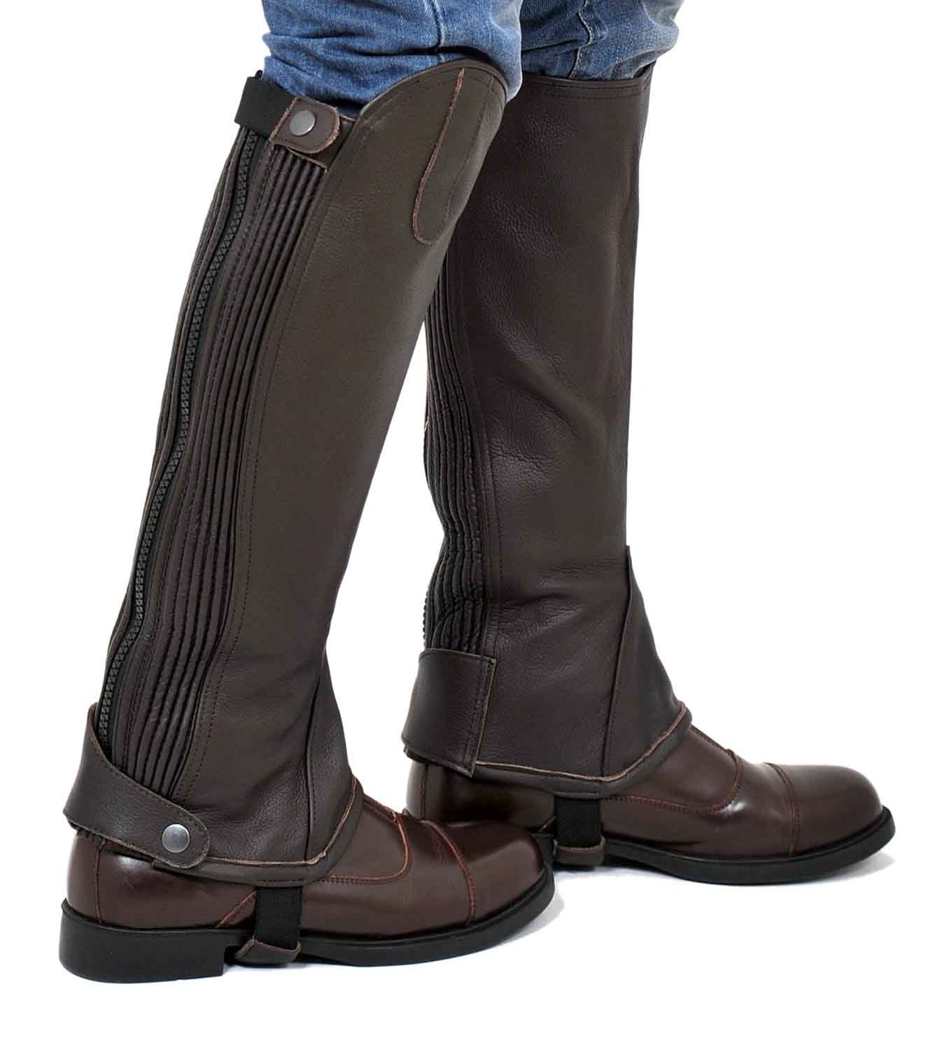 Riders Trend Men's Full Grain Leather Gaiter Unisex Adult Dual Stretch Panel-Brown, S = Calf (13-14)" x Height-15, Small/15 Inch