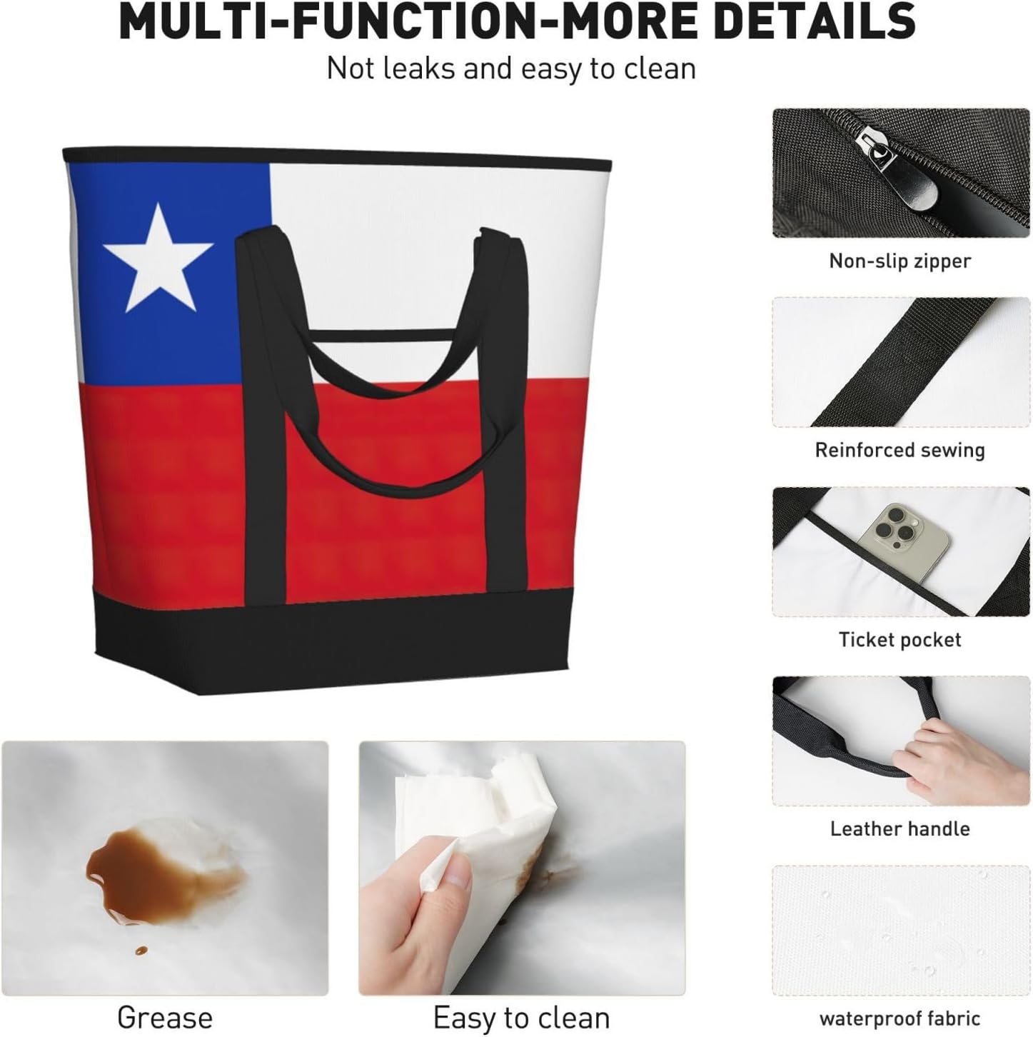 Flag Of Chile Print Large Cooler Bag Tote Bag,Reusable Grocery Bag,Lunch Box Bag, For Picnic Beach Camping