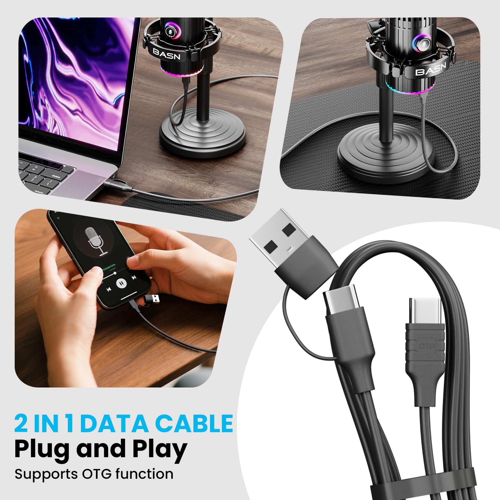 BASN Micrófono dinámico USB/XLR para podcast, transmisión en vivo, grabación de juegos con botón de silencio RGB, monitoreo de auriculares y soporte para micrófono (SL2000), color negro