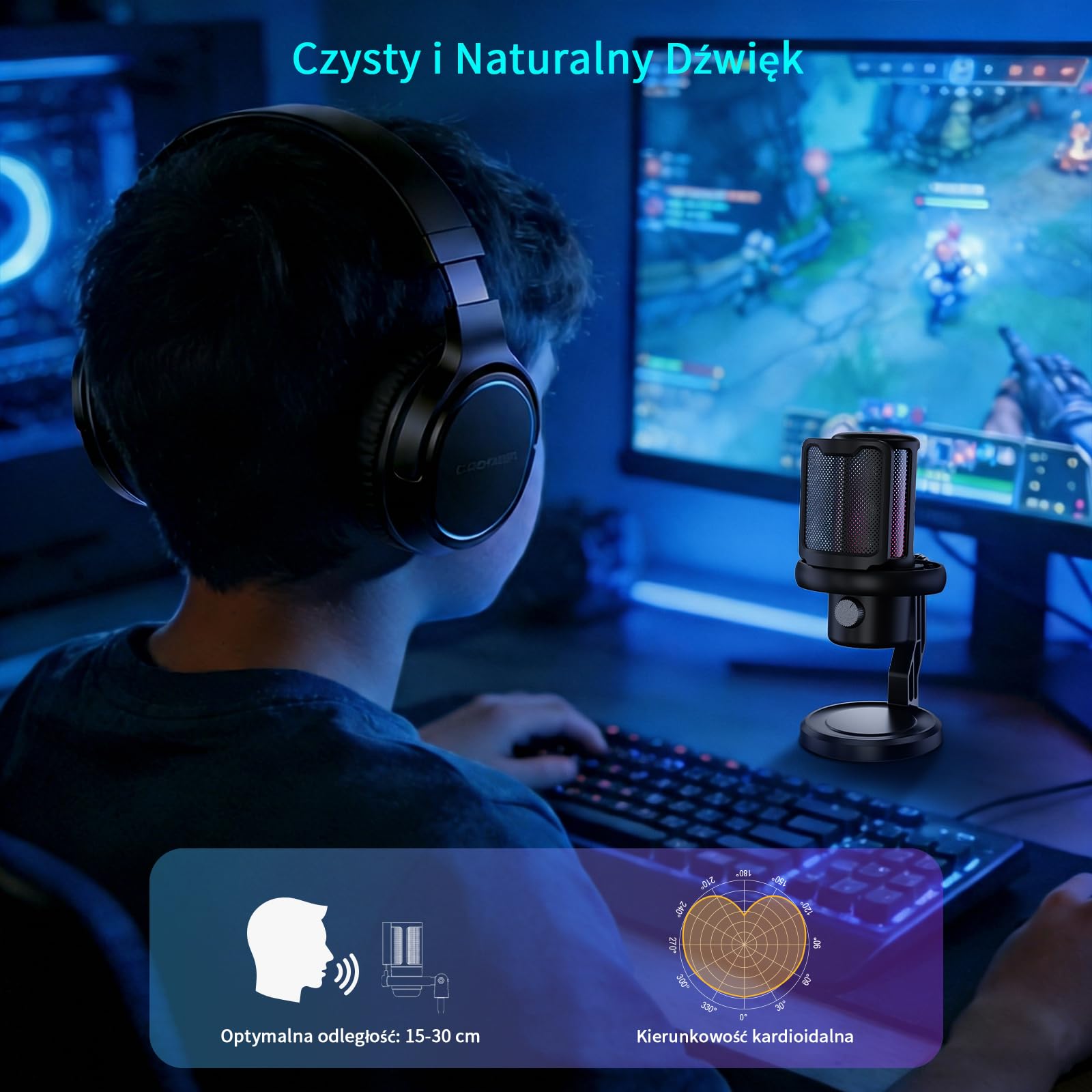 K KASONIC Mikrofon Gamingowy z Oświetleniem RGB, USB Mikrofon Pojemnościowy z Filtrem Pop dla PC, Szybkie Wyciszenie i Redukcja Szumów, Zestaw Mikrofonu Biurkowego dla PS4/5