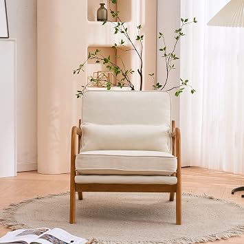 Mid Century Modern Accent Chair, Living Room Chair Single Fabric Lounge Reading Armchair with Solid Wood Frame, Easy Assembly Arm Chairs for Living Room Bedroom (Beige)