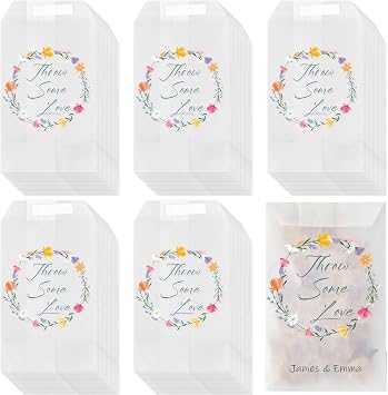 Clabby 100 Pcs Wedding Confetti Bags 105 x 70 mm Confetti Favor Hen Party Candy Bags Throw Some Love Flower Paper Glassing Envelopes for Spring Wedding Baby Shower Bridal Shower Flower Style