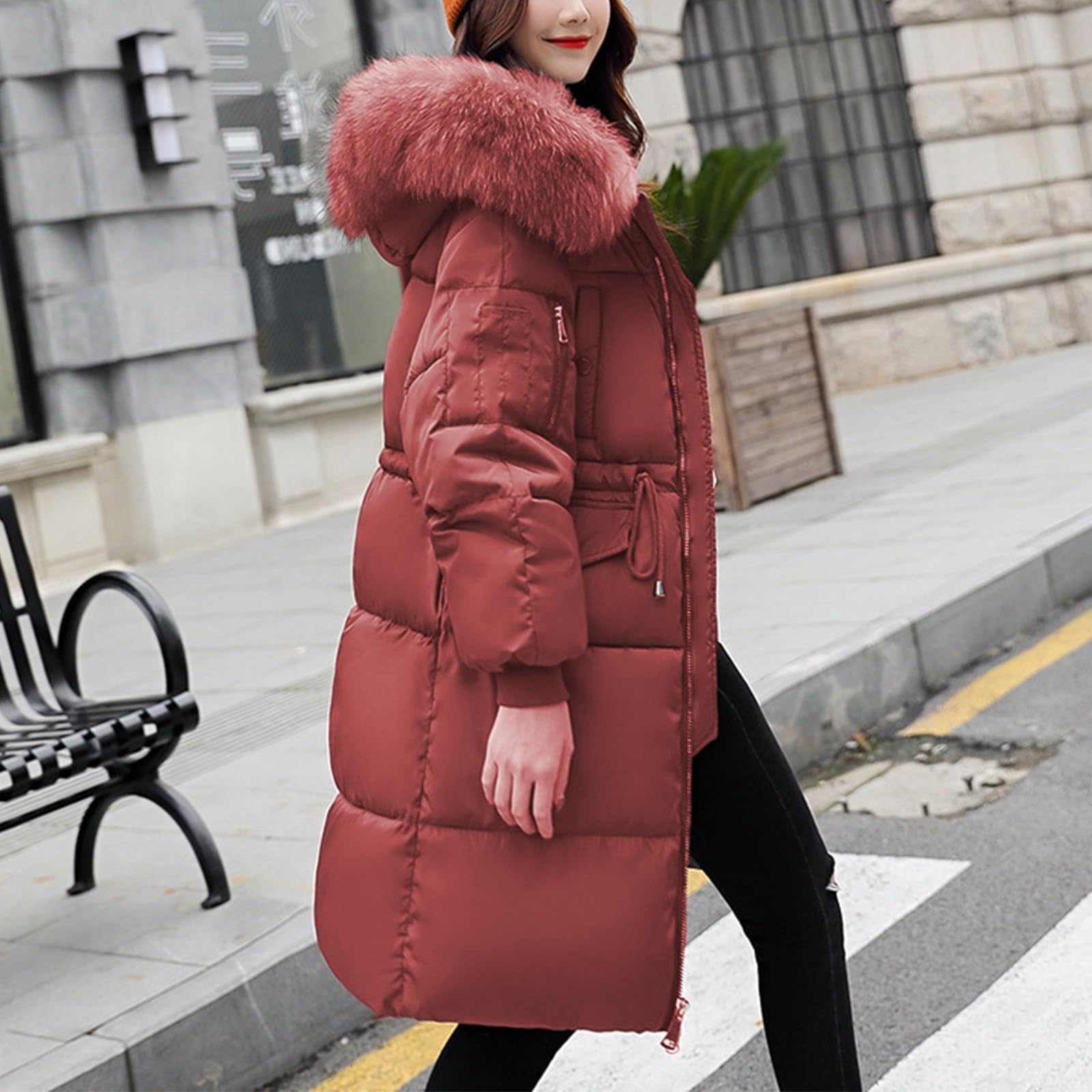 Piumino lungo da donna invernale caldo piumino lungo per le donne con cappuccio tinta unita giacca trapuntata a maniche lunghe con tasche imbottite impermeabili trench con cappuccio in pelliccia