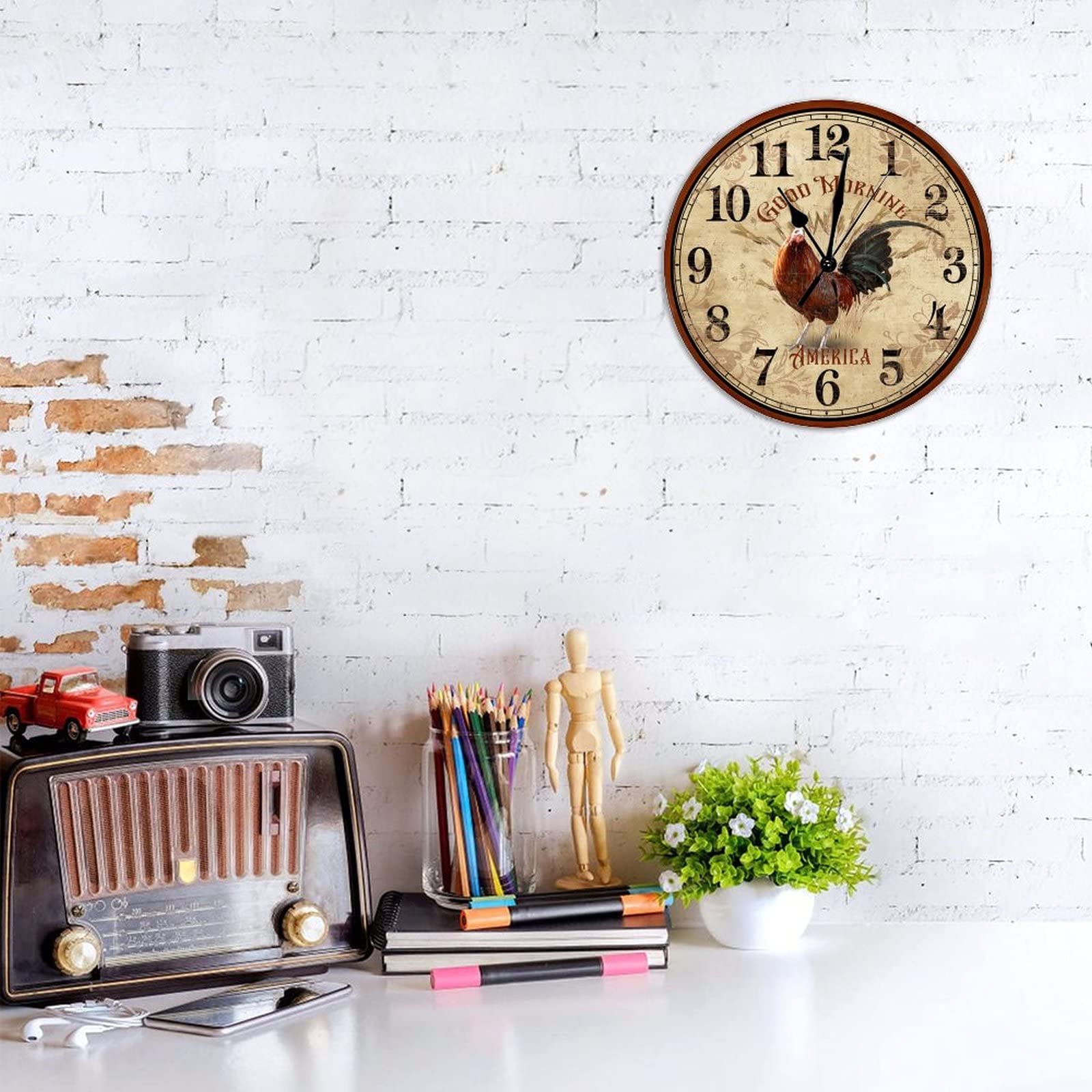 Orologio Da Parete Silenzioso Gallo Vintage - Orologio Cucina Quarzo 20cm Legno - Foto 2