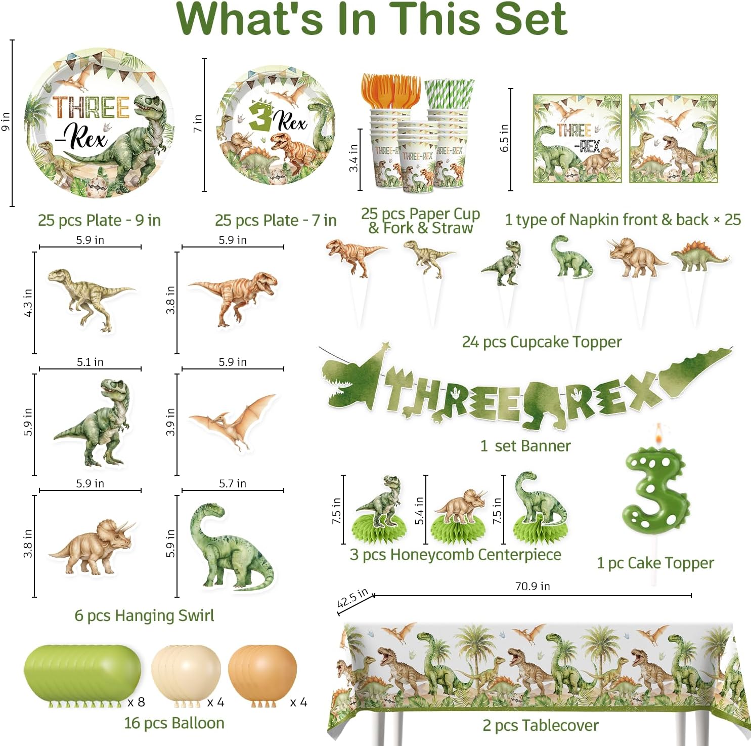 203 Pcs three rex birthday decorations boy Serves 25 Guests – Disposable Tableware Set with Banner, Balloons, Candal, Plates, Napkins, Tablecloth - Easy Assembly 3 rex birthday decorations boys