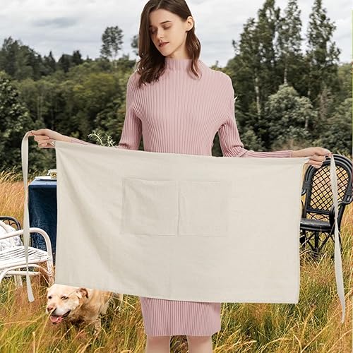 Miniatura 7 de Cityelf Delantal bistró de algodón y lino con 2 bolsillos grandes delantal de cintura para manualidades para cocinar hornear jardinería pintura