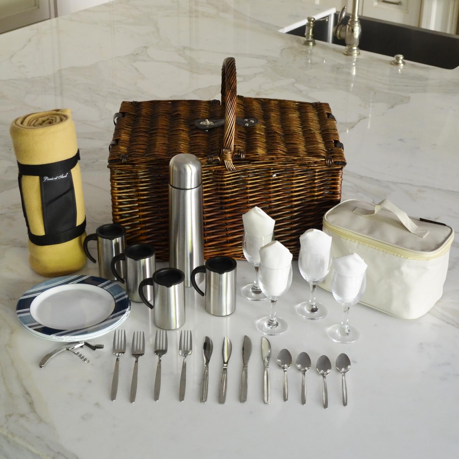 Personalized Picnic at Ascot Surrey Willow Picnic Basket with Service for 4 with Blanket and Coffee Set- Designed, Assembled & Quality Approved in The USA