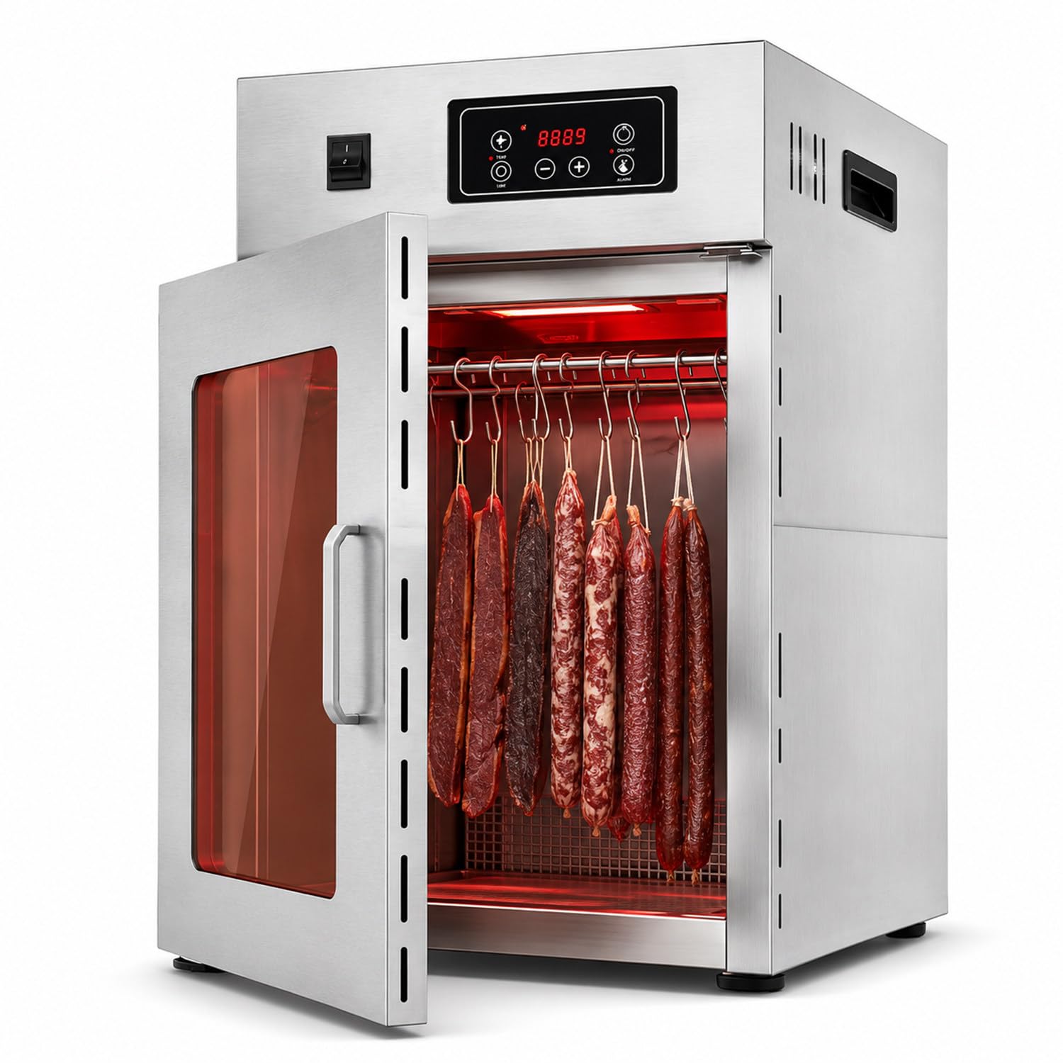 twostronking 800w Food Dryer, 360° Rotary Sausage Dryer, 0-90°C Adjustment, With LED Control Panel and 14 Hooks, 7.5kg Capacity, 24-Hour Timing, Stainless Steel, For Jerky, Bacon, Sausages, Fruits