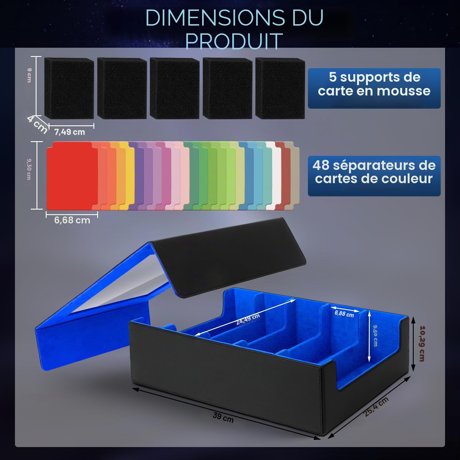 AOBOPLE Boîte de 5 Rangées Rangement de Cartes Pour 3900+ Cartes, Avec 48 Intercalaires et 5 Supports en Mousse, Boîte Rangement Carte Magnétiques de Qualité Supérieure,Rangement Cartes de Sport(Bleu)