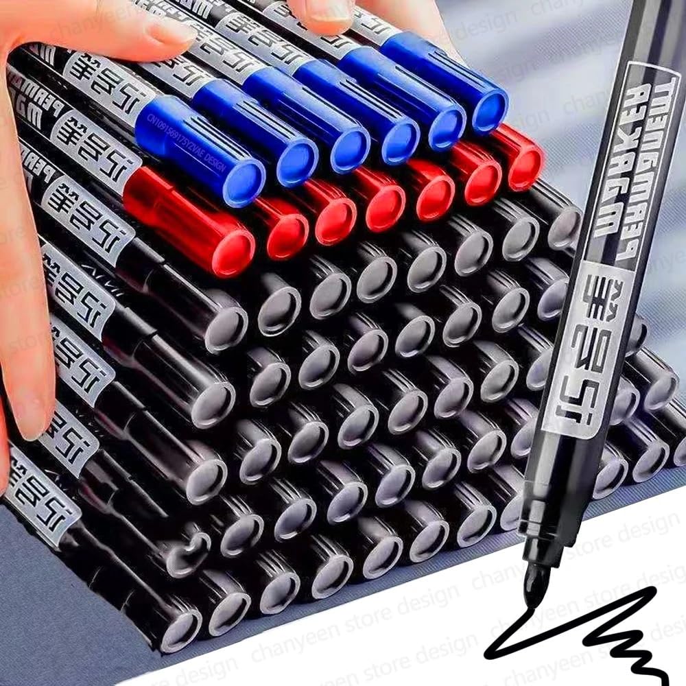 XMKT 5-50 pennarelli impermeabili a base di olio, inchiostro nero, blu, rosso, per vetro, metallo, cancelleria, disegno, ufficio, scuola (nero, 50 pezzi)