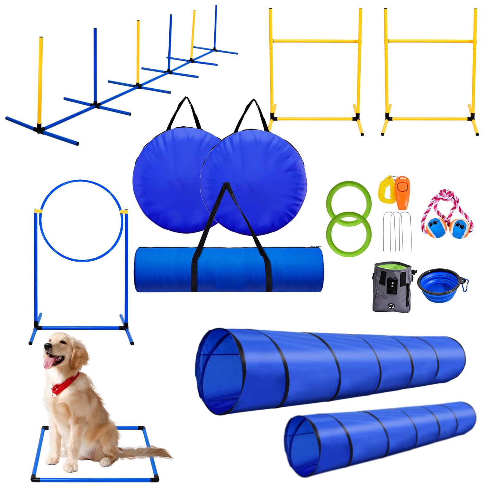 Dog Agility Equipment,Dog Agility Course Backyard Set Includes Adjustable Jump Hurdle & 1 Hurdles,6 Weave Poles,Extended Tunnel,2 Jump Ring,Square Pause Box,2 in-1 Tennis Ball,Whistle,1 Carrying Bags