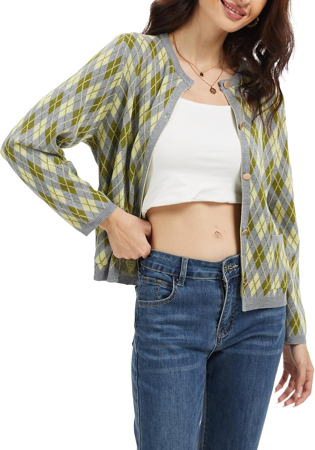 Women's Knit Sweater Cardigan Lightweight Grunge Argyle Plaid Preppy Y2K E-Girl Long Sleeve Button Coatigans - Image 2