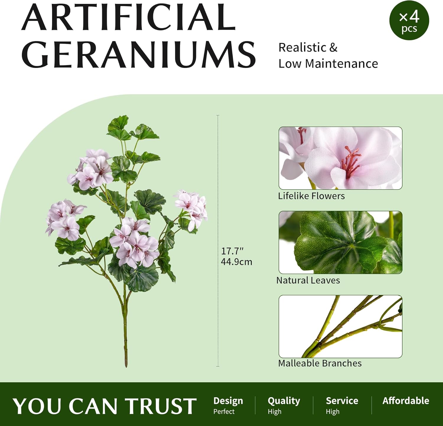 Artificial Flowers for Outdoors 17.7In Artificial Geraniums for Indoor Fake Flowers 4PCS Uv Resistant Artificial Outdoor Flowers for Indoor Home Decor Outdoor Garden Decoration(Pinkish White) - Image 2