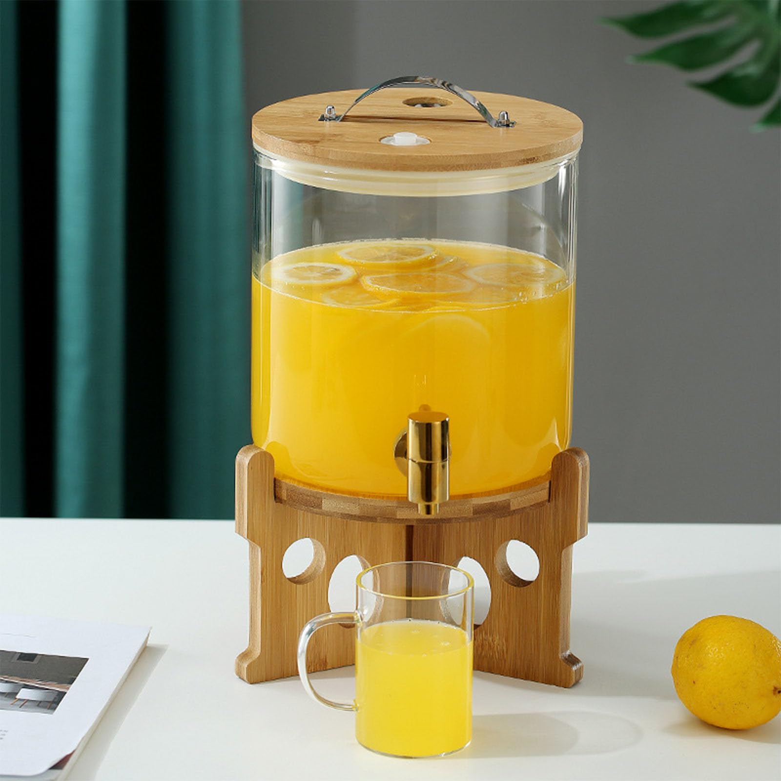 Getränkespender,Glaskaraffe,Getränkespender Aus Glas Mit Zapfhahn Aus Edelstahl Getränkekrug Mit Bamboo Cover Für Outdoor-Picknick-BBQ-Partys,Faucet c,C(11L)