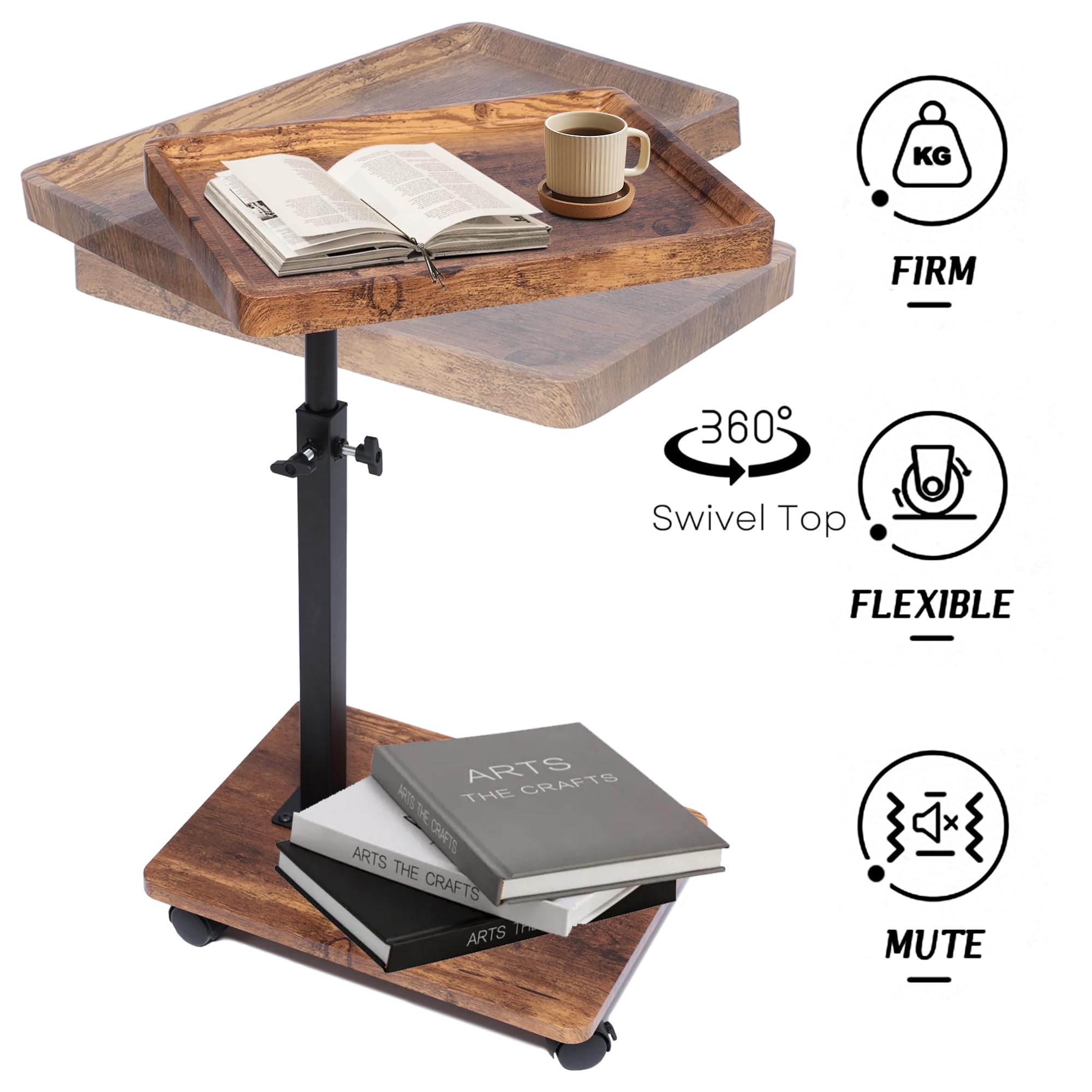 Tavolino da Divano - Tavolino Divano Rotazione 360° e con Ruote - Tavolini da Divano Regolabile Altezza (45-80CM) - Tavolino a Forma di C da Divano e Letto per Soggiorno e Camera da Letto
