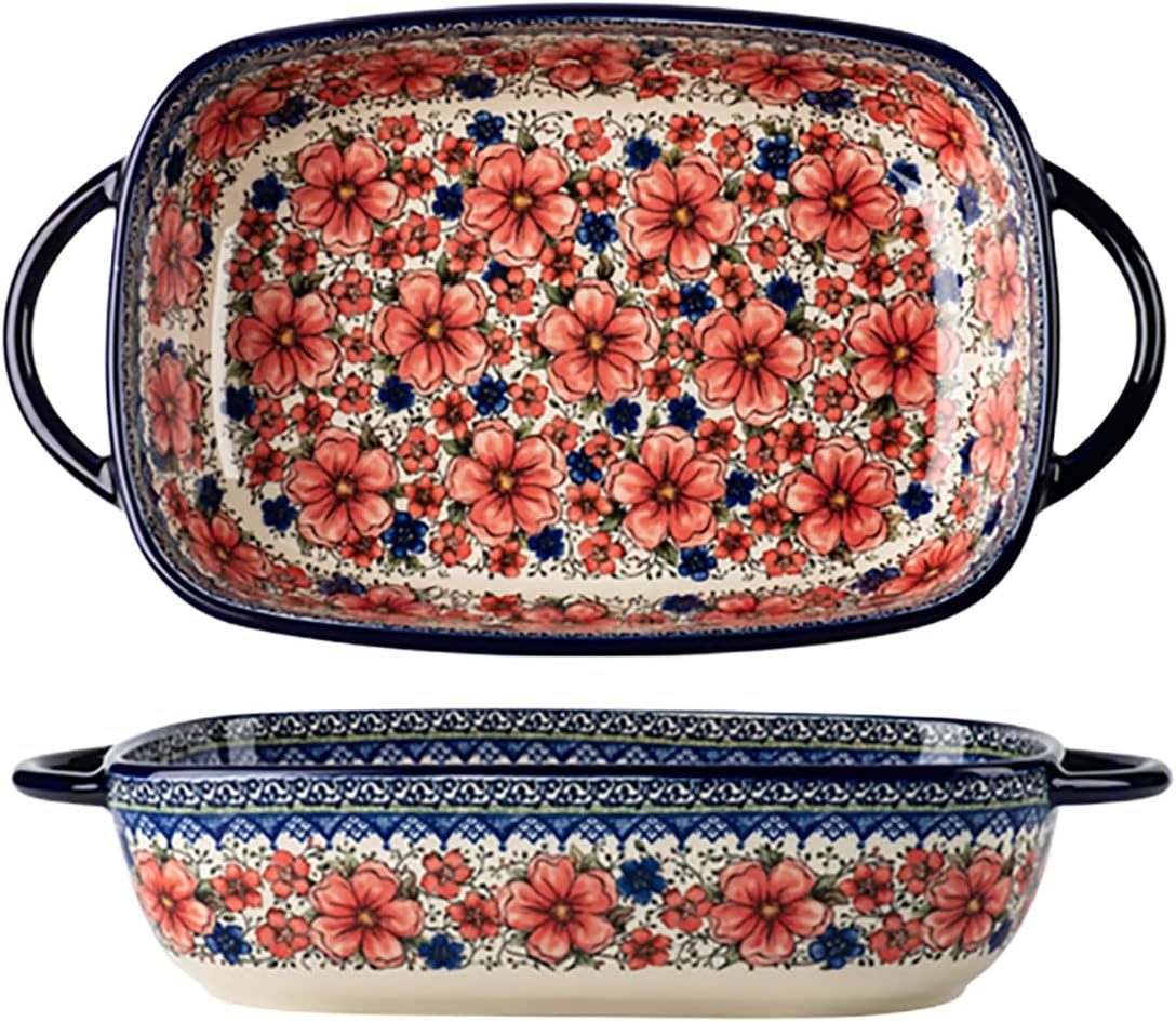 Vintage Style Pottery Bakeware Ceramic Casserole Dish Baking Pan Lasagna Pans Baking Dish with Handles for Oven/Cooking/Kitchen-1 PCS, Large Capacity, 60 OZ