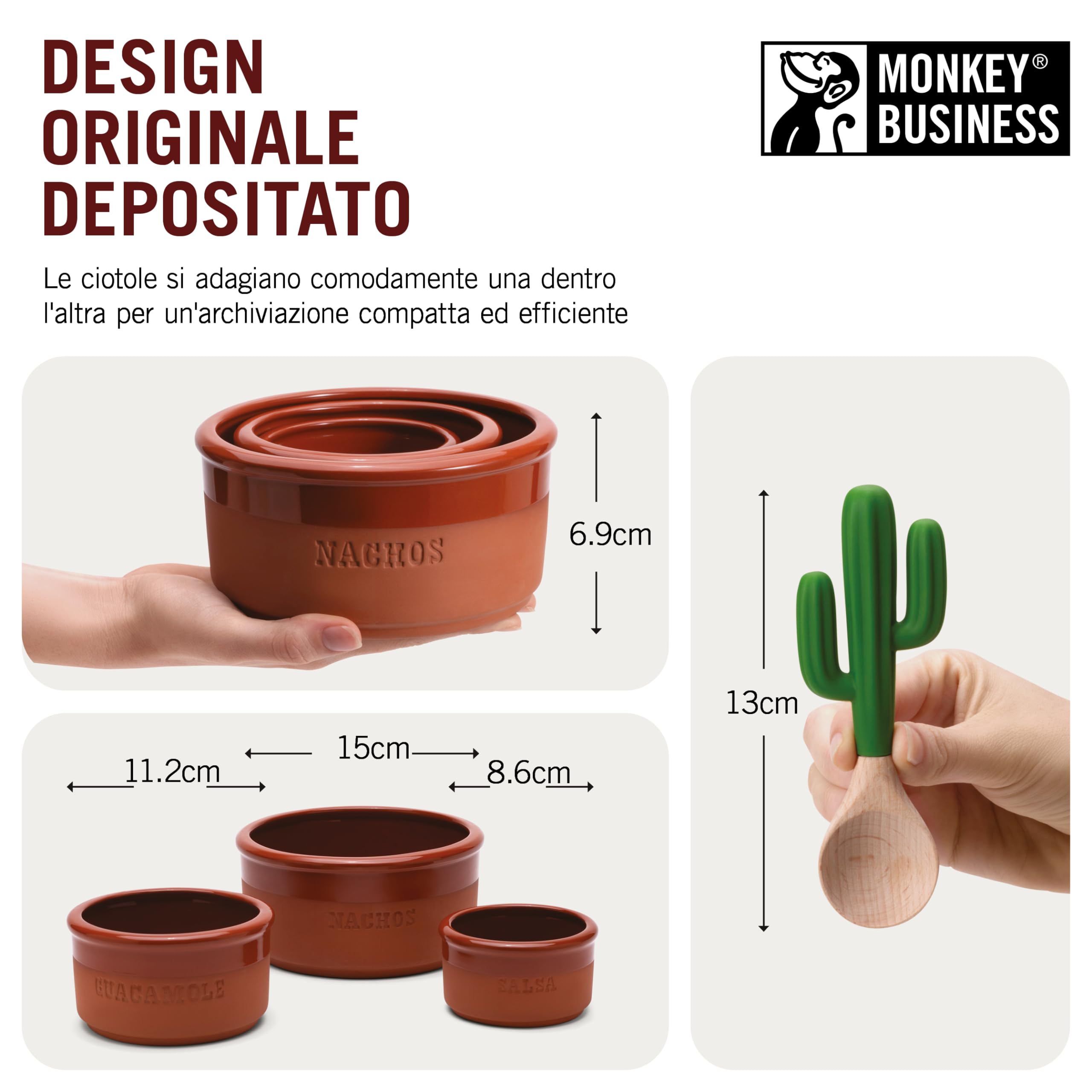 Monkey Business Bowlero - Set di Ciotole per Immersione in Terracotta, Porta Salse e Piatti Fondi per Brodo con 3 Ciotole da Brodo e 2 Cucchiai per Immersione, Ideali per Cucina e Servizio delle Salse