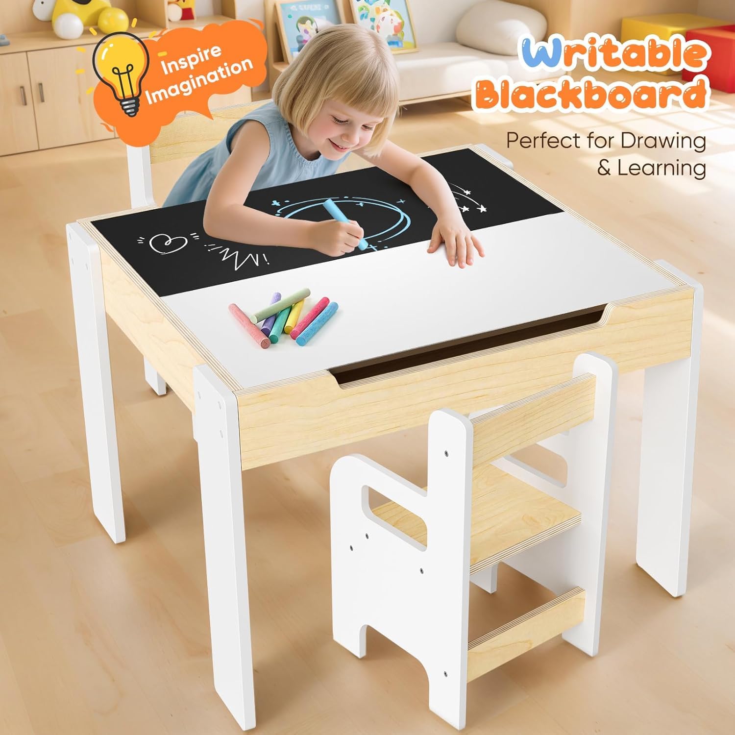 Conjunto de mesa y silla para niños, mesa y silla para leer comer jugar y jugar y jugar fácil de montar con bandeja reversible y extraíble y espacio de almacenamiento para niños de 1 a 3 años