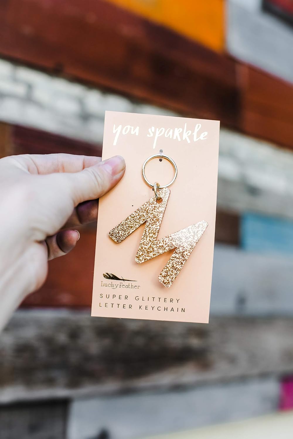 Lucky Feather M initial keychain | Christmas Stocking Stuffers for Women | Glitter key chain| letter M keychain great purse charms for Key Handbag Backpack Bag, Trendy Gift | llaveros para mujer