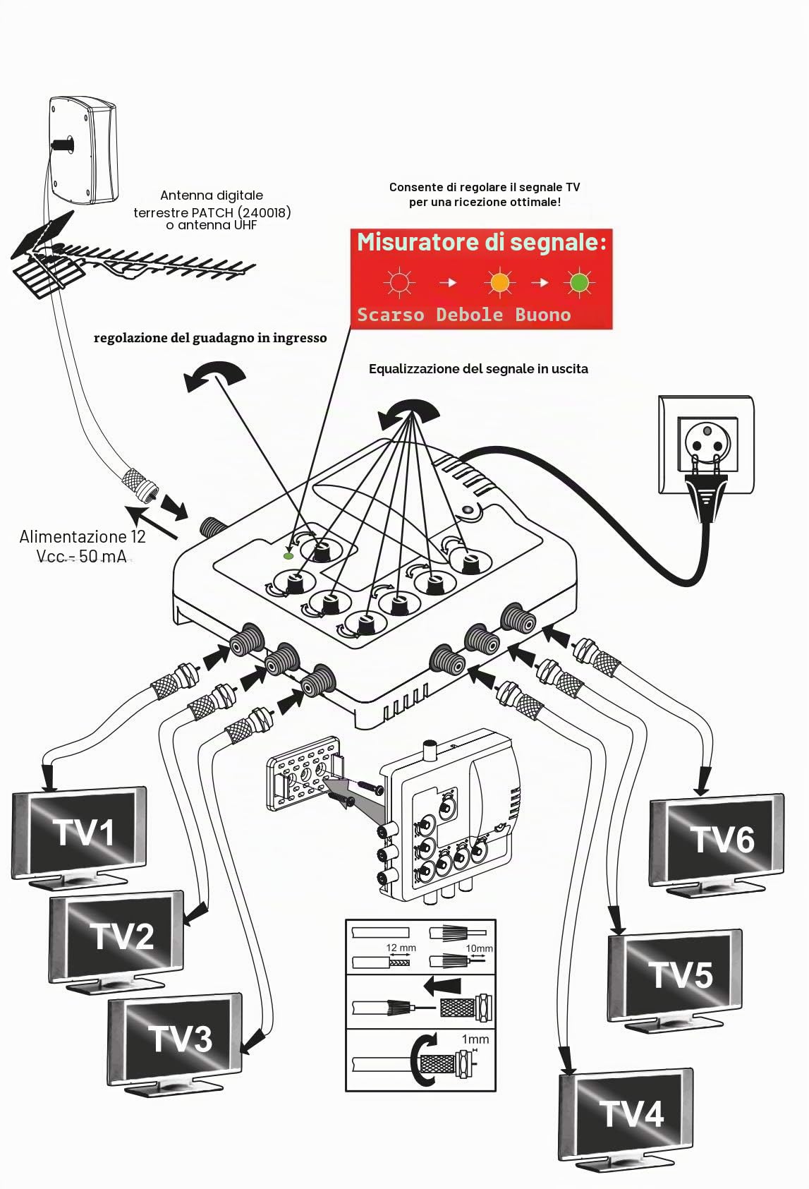 Elap 372016 Amplificatore TV TNT Interno - 6 Uscite - Filtro 4G Bianco 372016