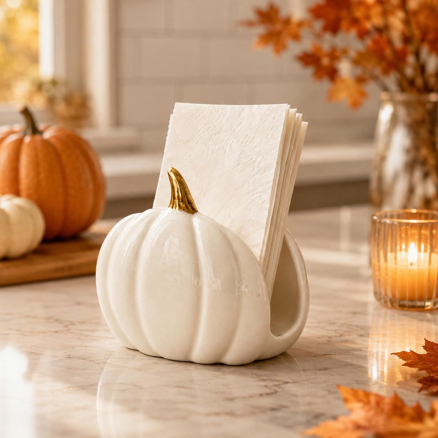 AnyDesign Fall Ceramic Napkin Holder White Pumpkin Gold Stem Napkin Dispenser Table Centerpiece for Autumn Thanksgiving Halloween Home Restaurant Kitchen Dining Table Decor